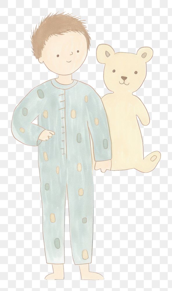 PNG Boy in pajamas character holding teddy bear drawing sketch mammal. 