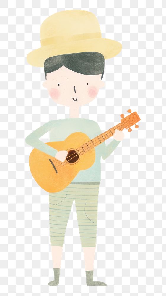 PNG Boy wearing hat character playing ukulele guitar performance creativity. AI generated Image by rawpixel.
