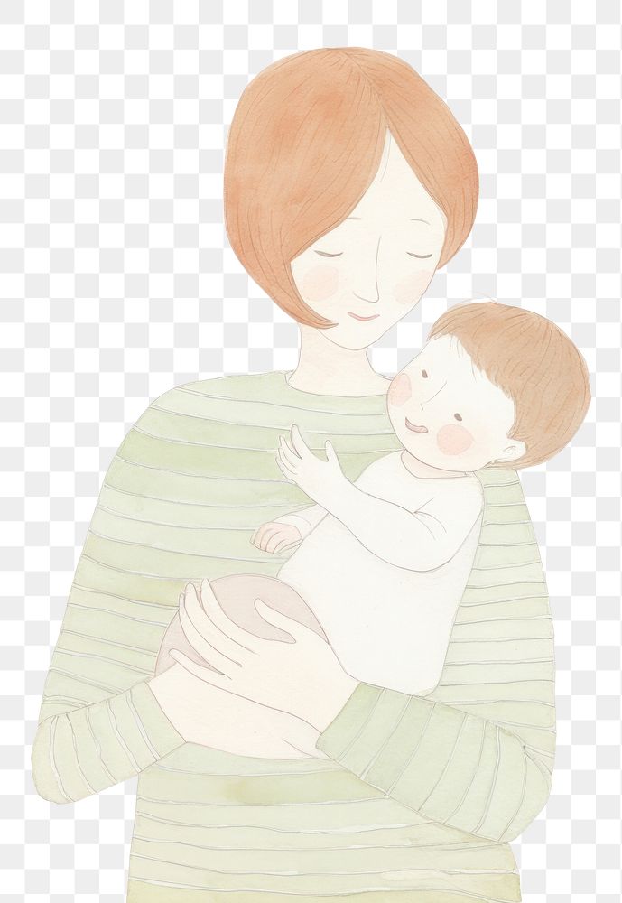 PNG Mother holding new born baby portrait drawing sketch. 