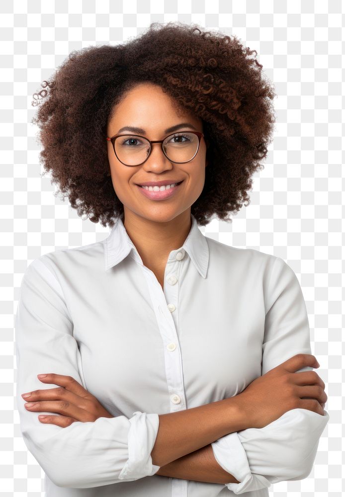 PNG  A smiling woman african stands with her arms crossed portrait glasses blouse. AI generated Image by rawpixel.