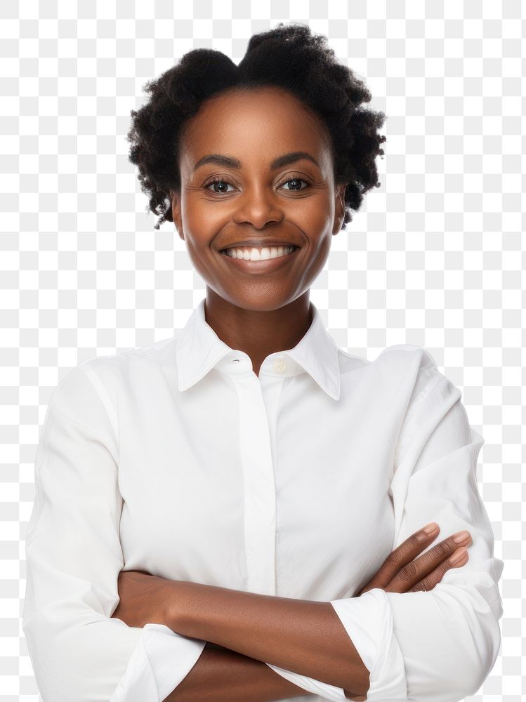 PNG  A smiling woman african stands with her arms crossed portrait adult smile. AI generated Image by rawpixel.