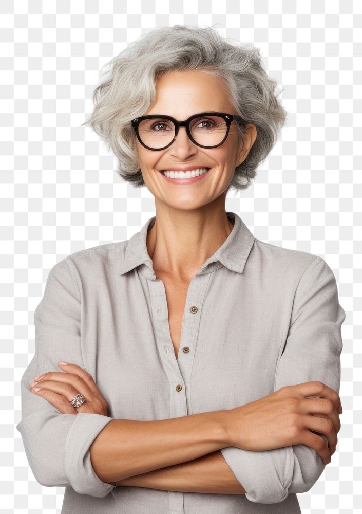 PNG  A smiling woman stands with her arms crossed portrait glasses adult