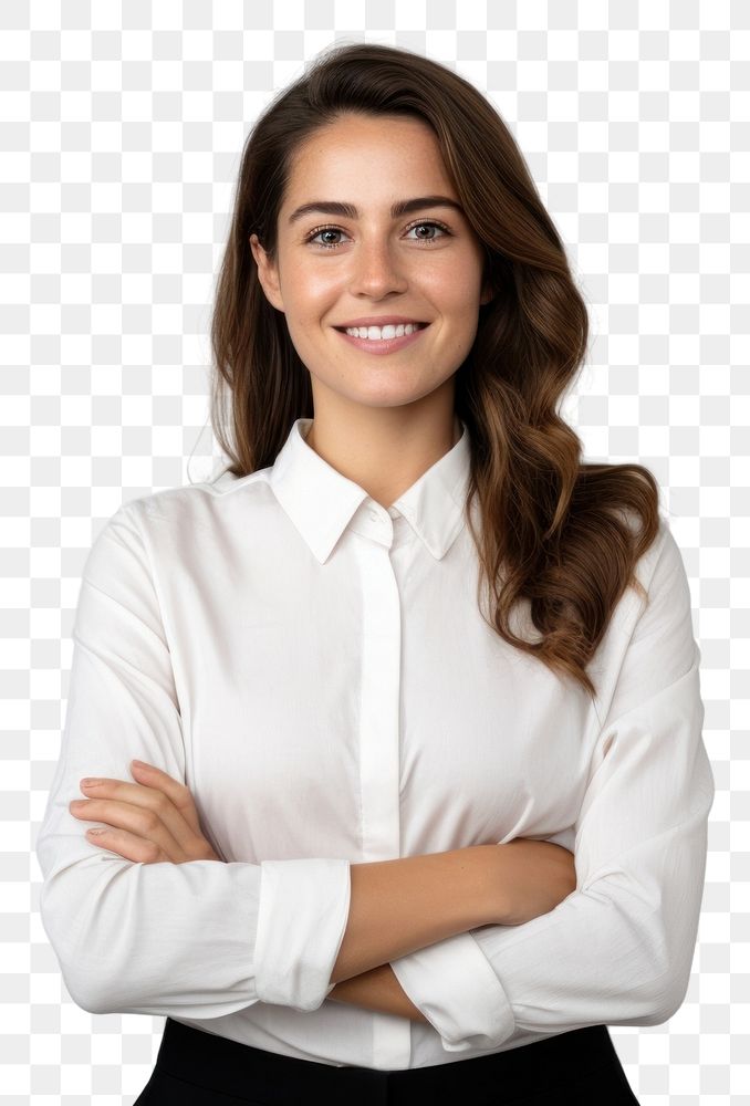 PNG  A smiling woman stands with her arms crossed portrait blouse adult. AI generated Image by rawpixel.