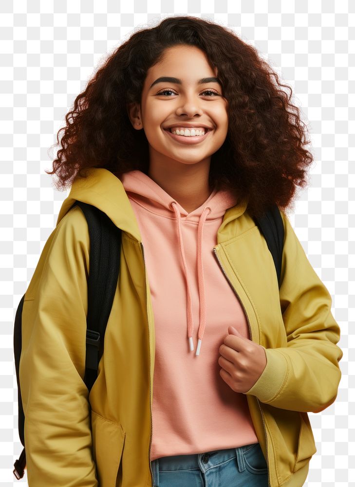 PNG Latinx girl high school students laughing portrait jacket. AI generated Image by rawpixel.