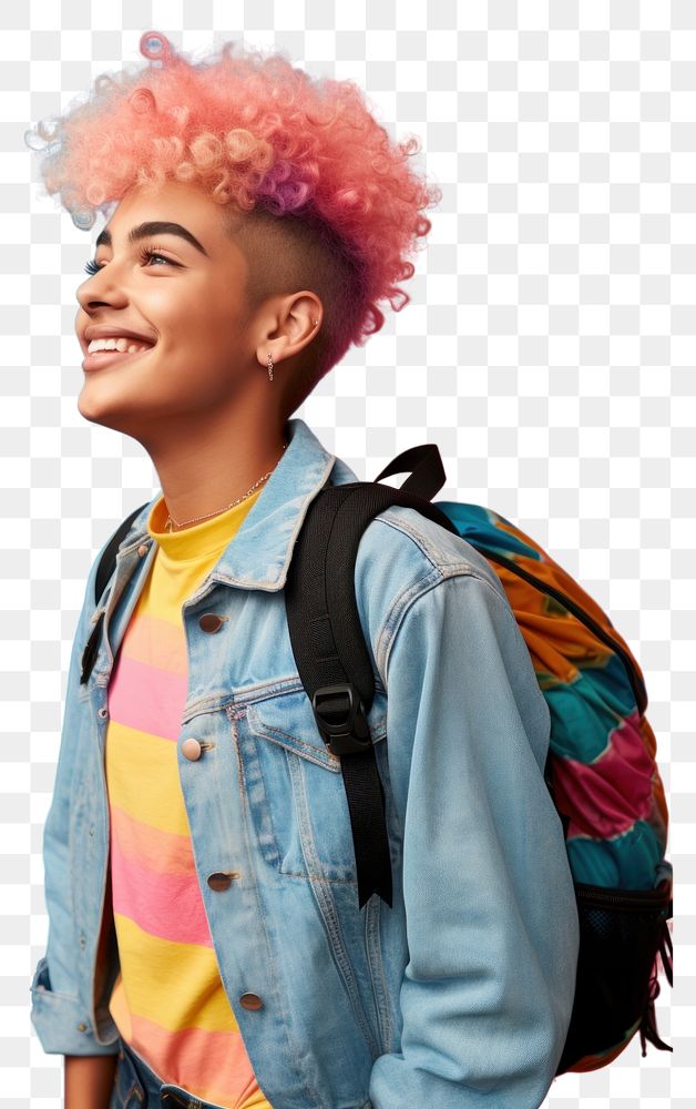 PNG Latinx LGBTQ high school student backpack hair individuality. AI generated Image by rawpixel.