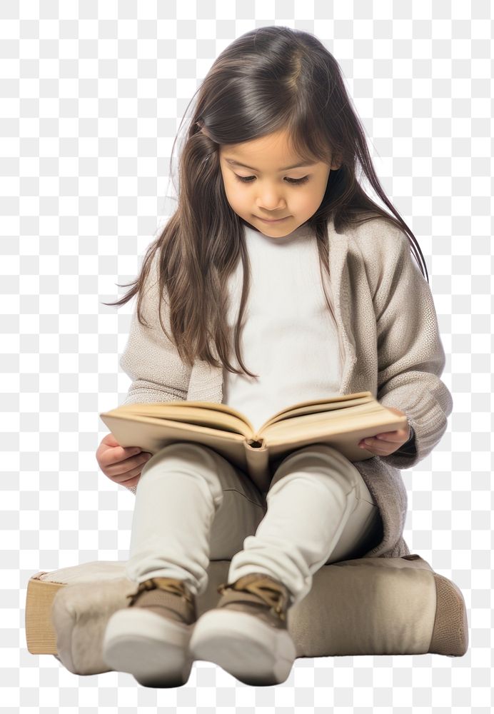 PNG  Asian girl reading book sitting child cross-legged. AI generated Image by rawpixel.