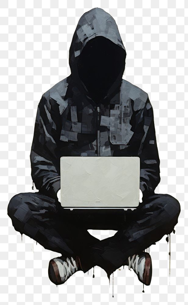 PNG Anonymous young man hacker in black hood wearing mask sitting playing laptop computer drawing adult. AI generated Image…