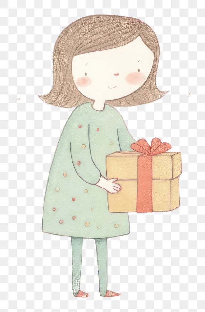 PNG Girl character holding gift drawing sketch celebration. AI generated Image by rawpixel.