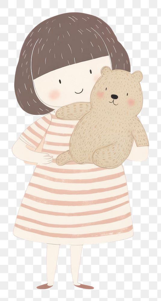 PNG Girl character hugging a teddy bear drawing sketch toy. AI generated Image by rawpixel.