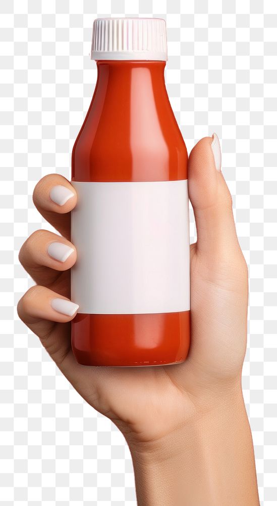 PNG Sauce bottle with white lable holding hand refreshment. AI generated Image by rawpixel.