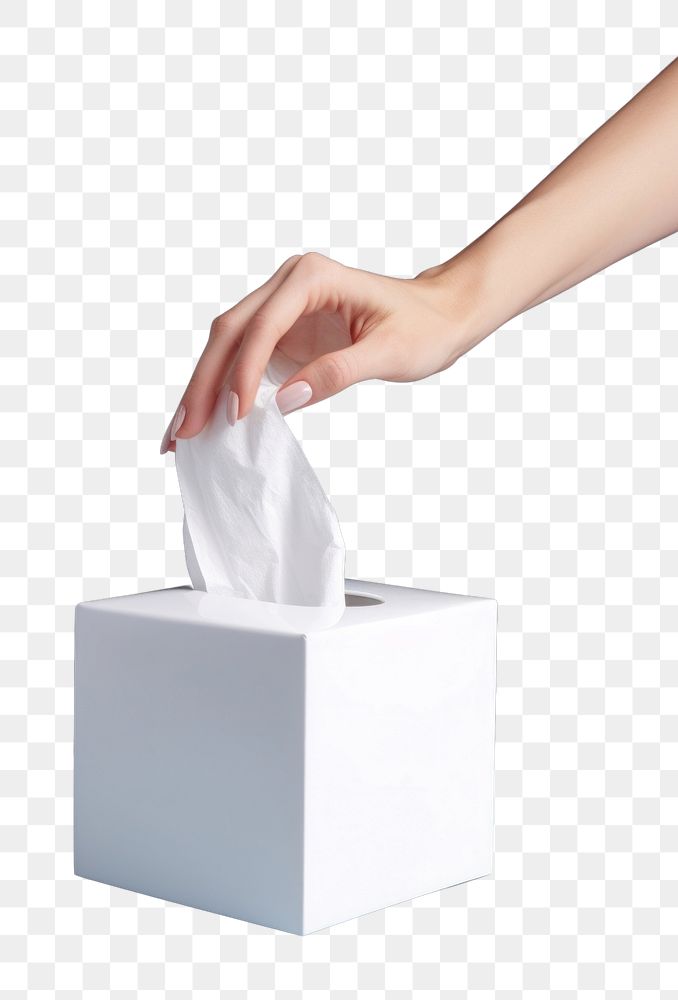 PNG Tissue box with hand pulling napkin out holding tissue white. AI generated Image by rawpixel.
