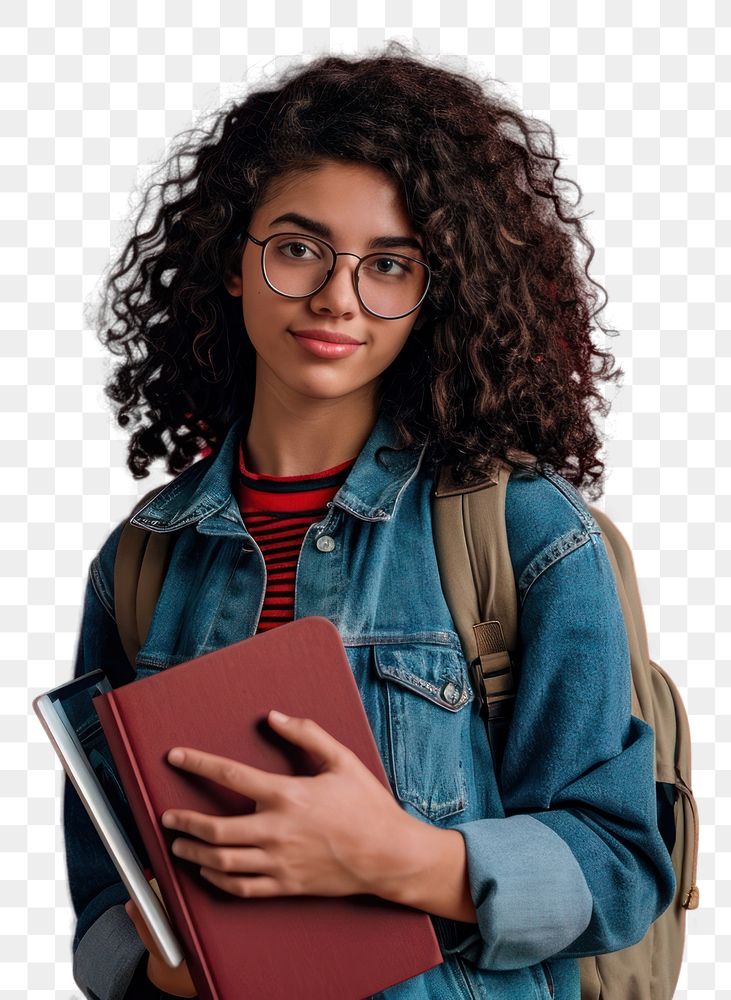 PNG  Student woman wearing backpack glasses adult book