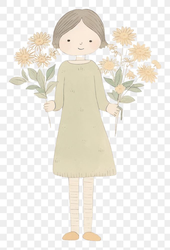 PNG Girl character holding flowers drawing sketch illustrated. AI generated Image by rawpixel.