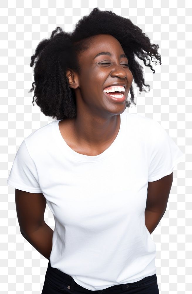 PNG  Black woman t-shirt laughing portrait. AI generated Image by rawpixel.