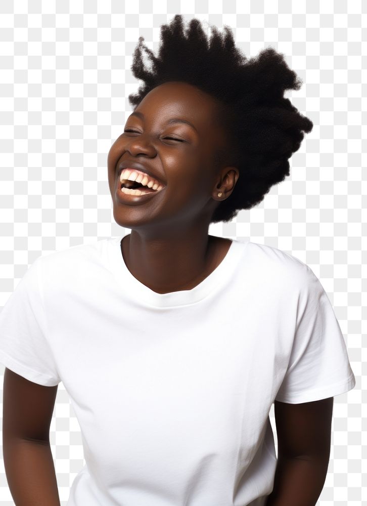 PNG  Black woman t-shirt laughing smiling. AI generated Image by rawpixel.