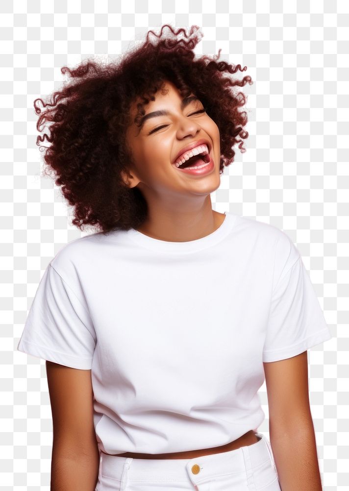 PNG  Teenage black girl laughing t-shirt portrait. AI generated Image by rawpixel.
