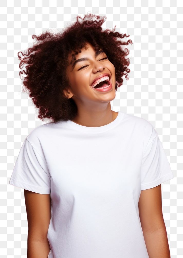 PNG  Teenage black girl laughing t-shirt portrait. AI generated Image by rawpixel.