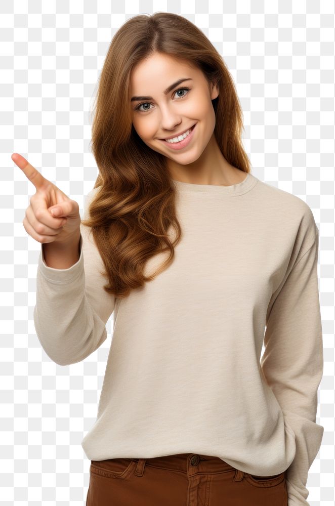 PNG  Caucasian woman pointing portrait sleeve. AI generated Image by rawpixel.