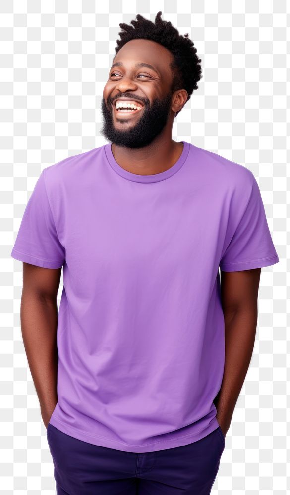 PNG  Young african american man with beard wearing casual purple t-shirt looking away to side with smile on face laughing…