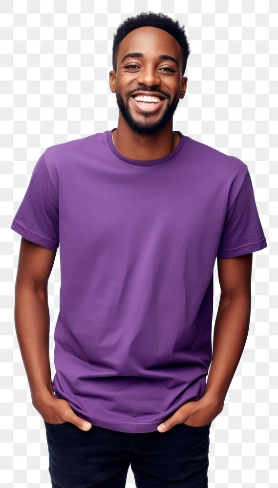 PNG  Young african american man with beard wearing casual purple t-shirt looking away to side with smile on face sleeve…