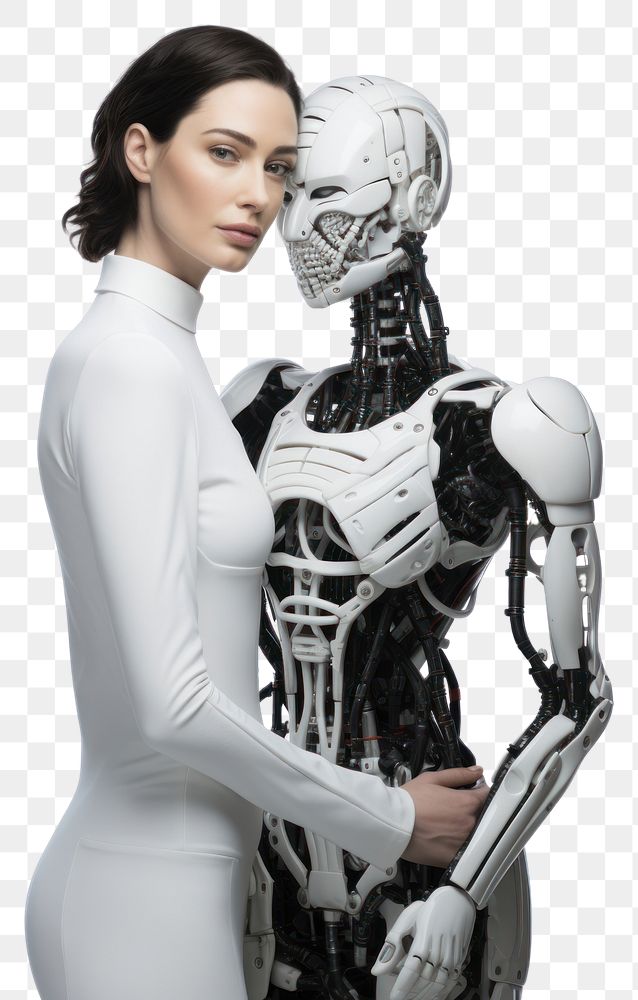 PNG  A woman with half robot body adult white background transportation. AI generated Image by rawpixel.