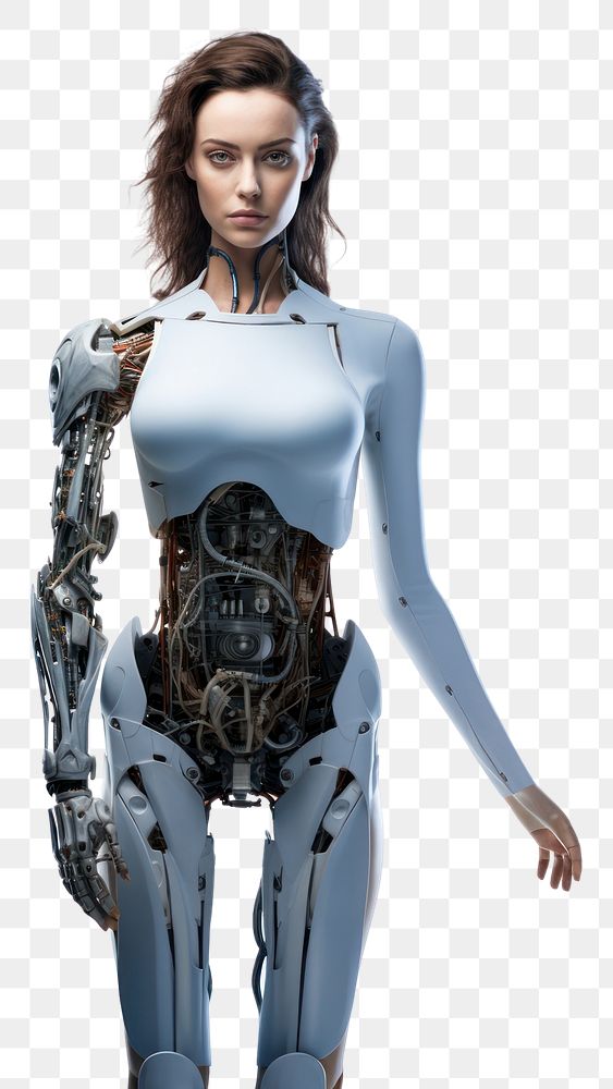 PNG  A woman with half robot body adult white background technology