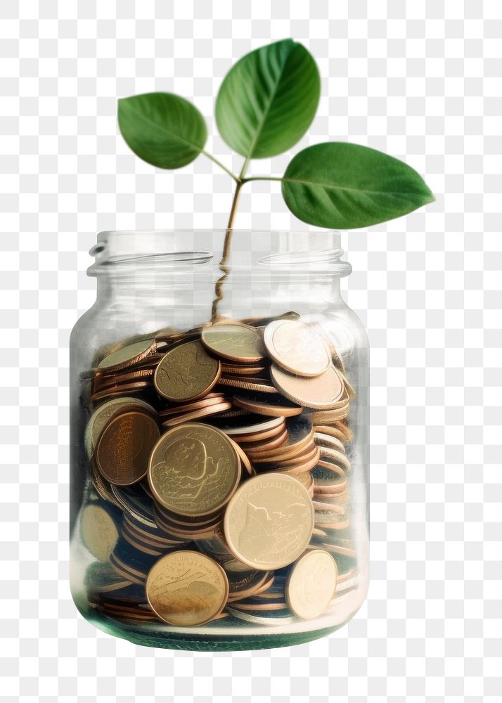 PNG A glass jar filled with coins and a plant money investment medication. AI generated Image by rawpixel.
