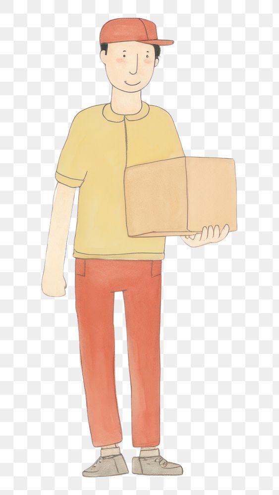 PNG Deliveryman character cardboard holding box. AI generated Image by rawpixel.