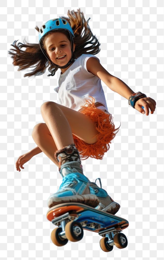 PNG  Girl wearing roller blades and helmet skateboard jumping sports. AI generated Image by rawpixel.