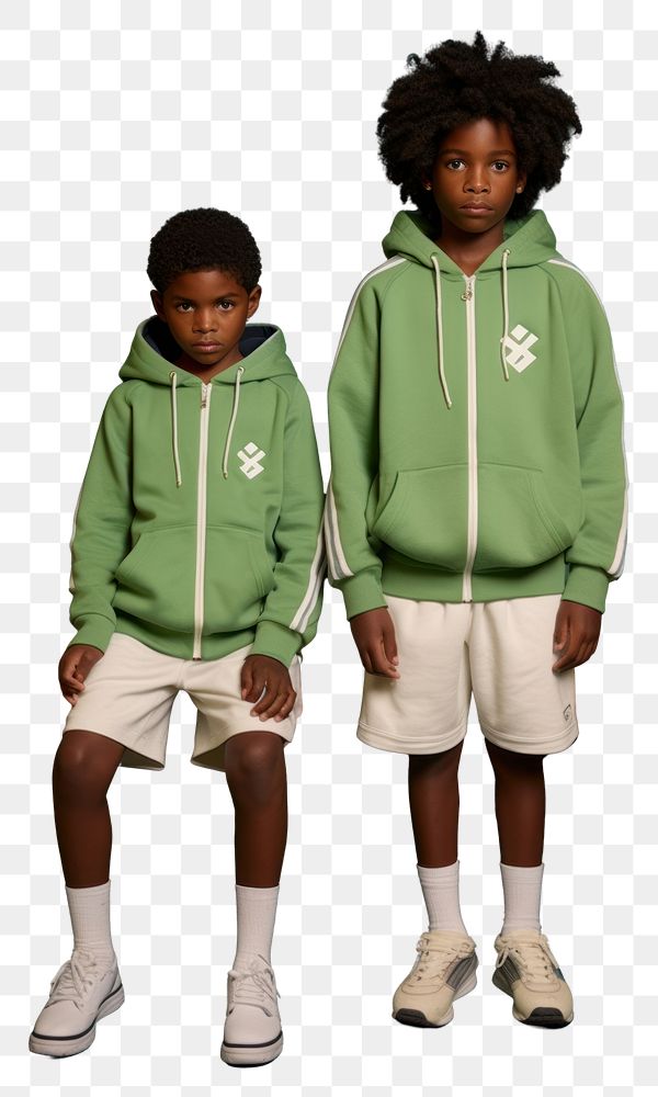 PNG A two black kids wearing hoody in the green room carry tennis equipment sweatshirt footwear sitting. AI generated Image…
