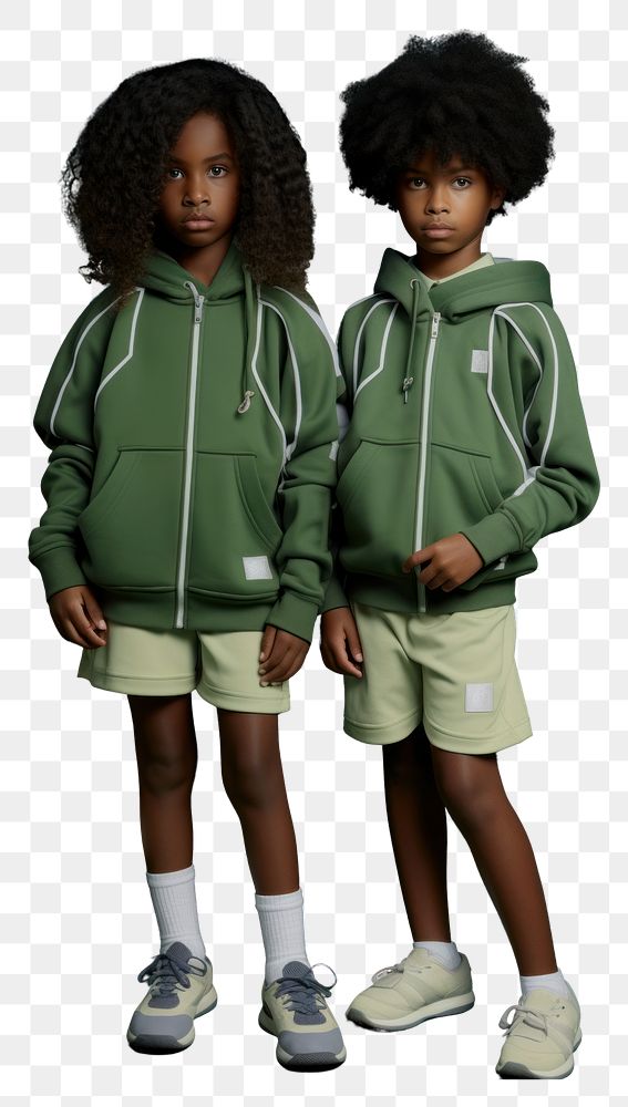 PNG A two black kids wearing hoody in the green room carry tennis equipment footwear child togetherness. AI generated Image…