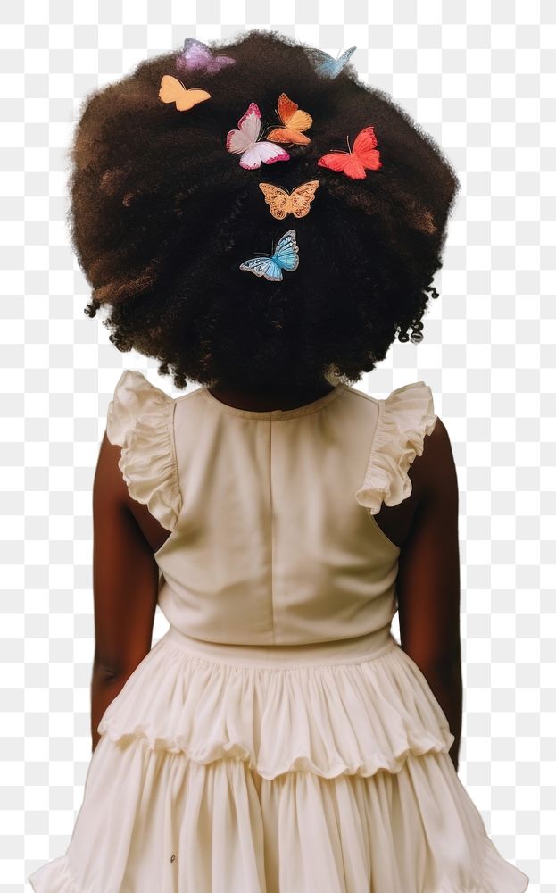PNG A black girl wearing cream dress and a colorful butterflies hair clip in the green yard kid hairstyle butterfly. AI…