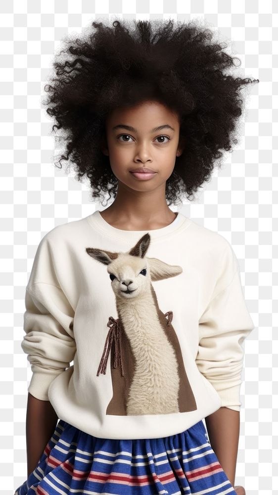 PNG A black girl wearing alpaca shirt sweater sleeve mammal. AI generated Image by rawpixel.