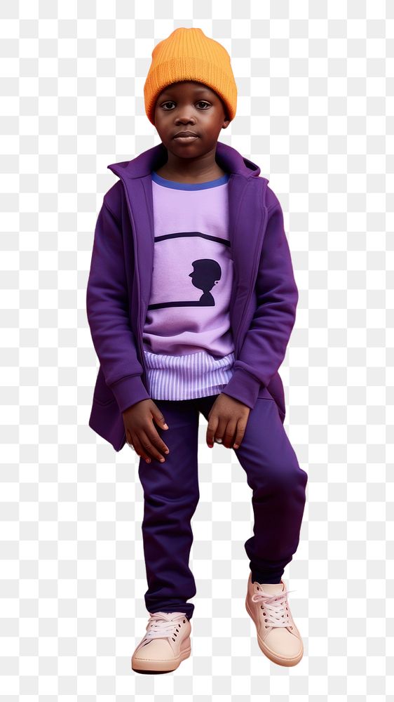 PNG A little black boy in street looks wearing purple wool hat and white sneaker photography portrait standing. AI generated…