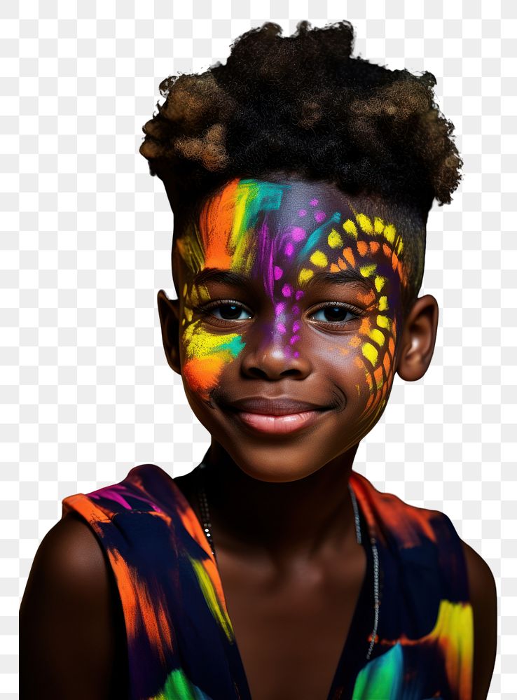 PNG A little black boy wear face painting in neon color photography portrait creativity. AI generated Image by rawpixel.