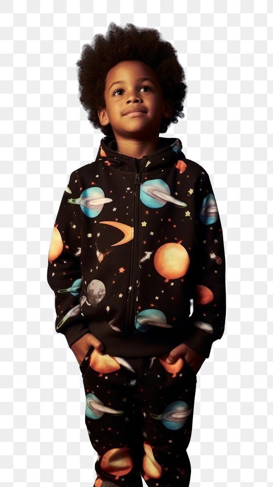PNG A little black boy wearing cute galaxy pattern outfit photography portrait astronomy. AI generated Image by rawpixel.