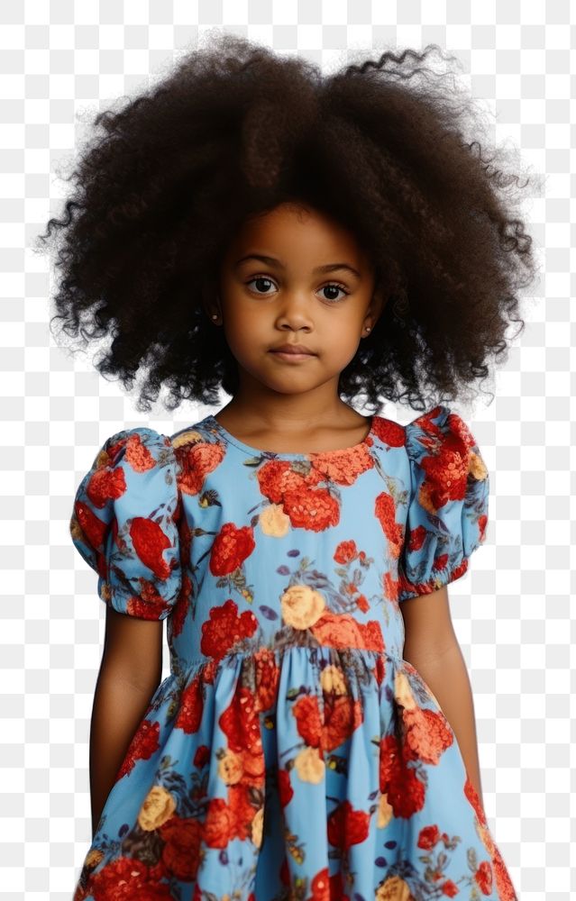 PNG A little black girl wearing cute blue dress with red flowers pattern photography portrait sleeve. AI generated Image by…