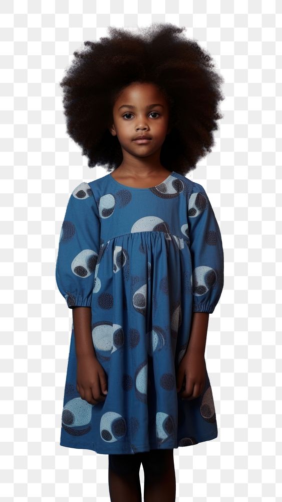 PNG A little black girl wearing cute blue dress with moon pattern photography portrait sleeve. AI generated Image by…