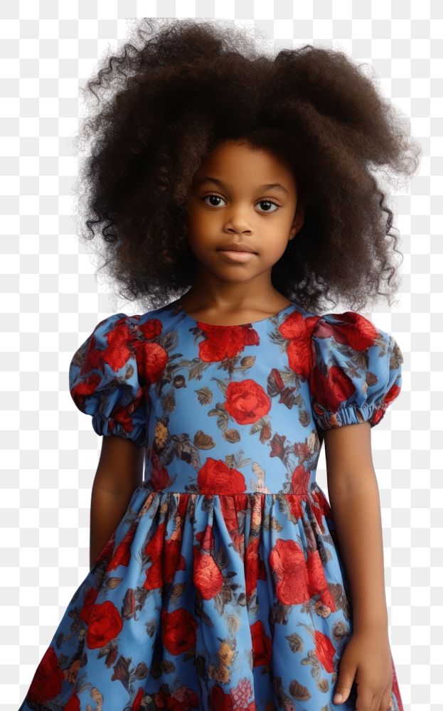 PNG A little black girl wearing cute blue dress with red flowers pattern child kid hairstyle. AI generated Image by rawpixel.