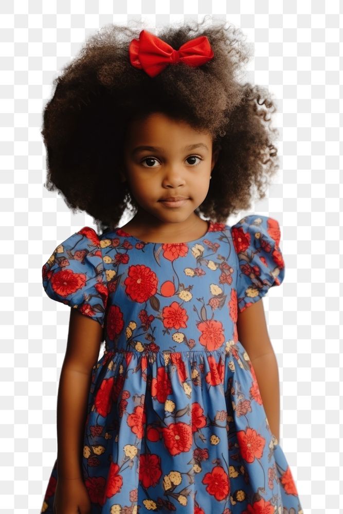 PNG A little black girl wearing cute blue dress with red flowers pattern photography portrait child. AI generated Image by…