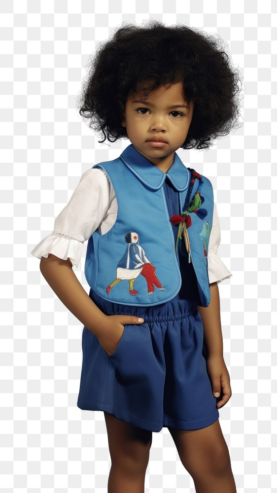 PNG A little black girl wearing cute horse embroidery blue uniform photography portrait dress. AI generated Image by…