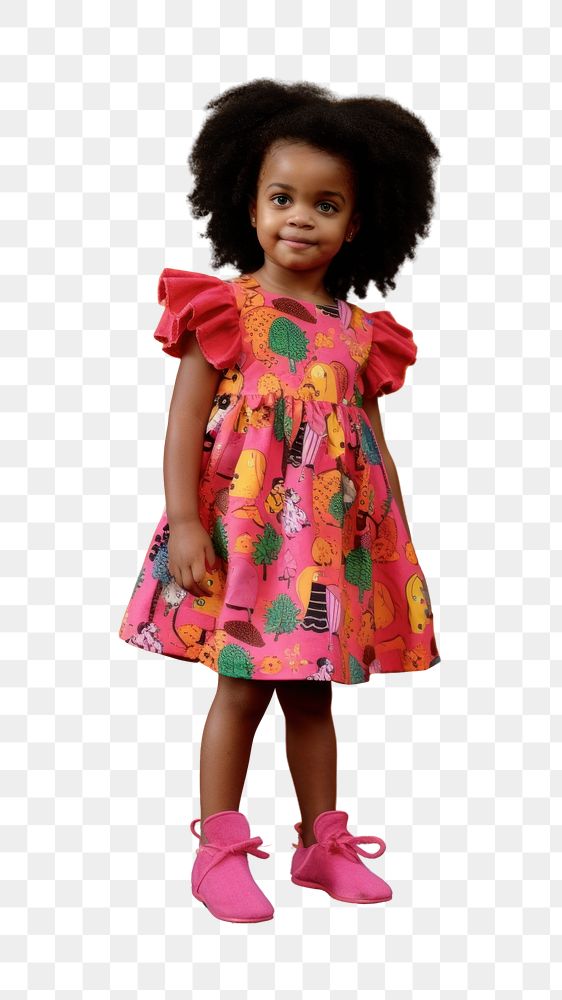 PNG A little black girl wearing colorful animals pattern dress with cute shoe photography footwear portrait. AI generated…