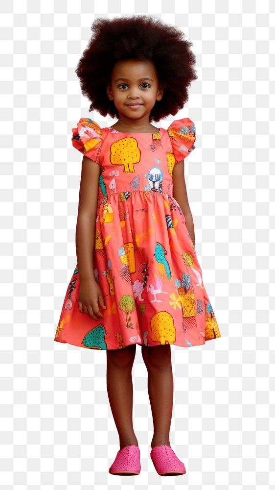 PNG A little black girl wearing colorful animals pattern dress with cute shoe photography portrait fashion. AI generated…