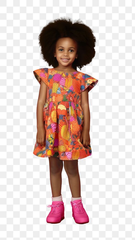 PNG A little black girl wearing colorful animals pattern dress with cute shoe photography portrait child. AI generated Image…