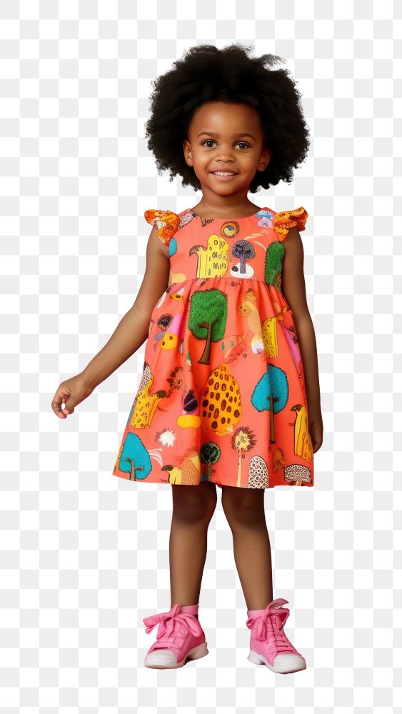 PNG A little black girl wearing colorful animals pattern dress with cute shoe photography footwear portrait. AI generated…