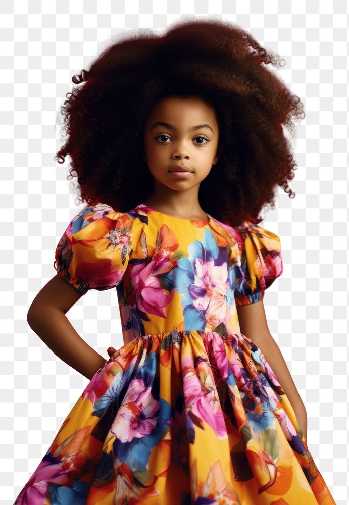 PNG A little black girl wearing colorful flowers pattern dress child doll cute. AI generated Image by rawpixel.
