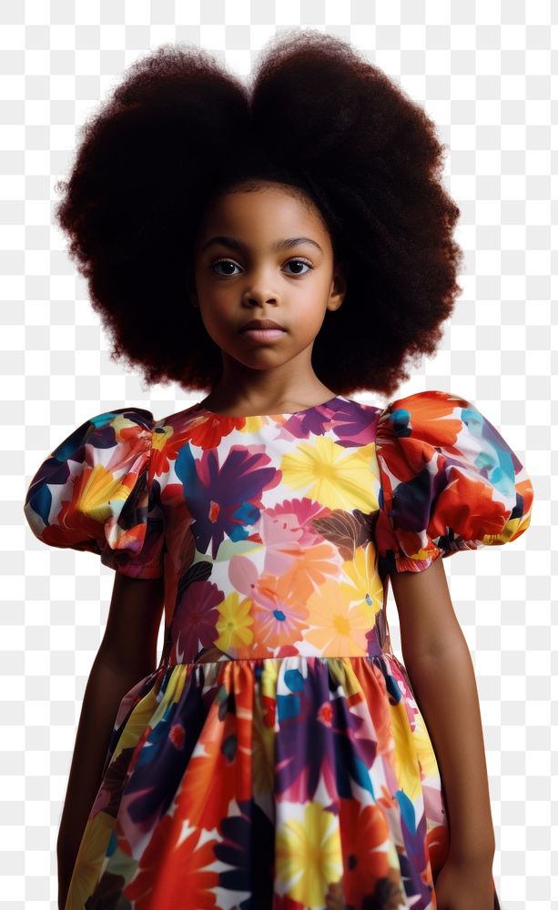 PNG A little black girl wearing colorful flowers pattern dress child cute kid. AI generated Image by rawpixel.