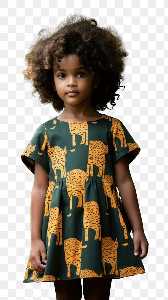 PNG A little black girl wearing tiger pattern dress child tree cute. AI generated Image by rawpixel.