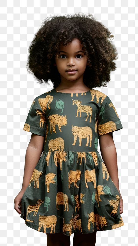 PNG A little black girl wearing tiger pattern dress child tree cute. AI generated Image by rawpixel.