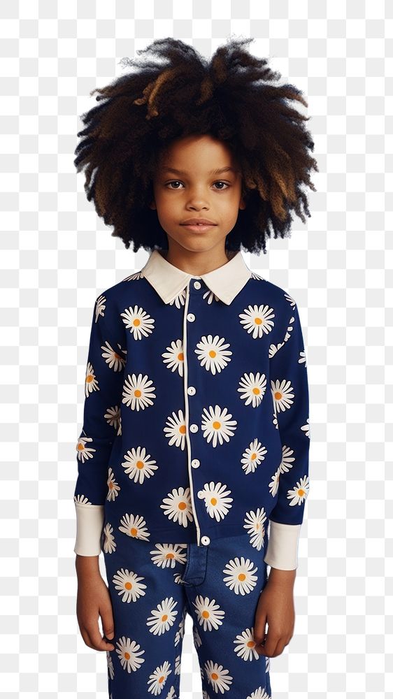 PNG Little three black girl big daisy pattern navy shirt cute hairstyle outerwear. AI generated Image by rawpixel.